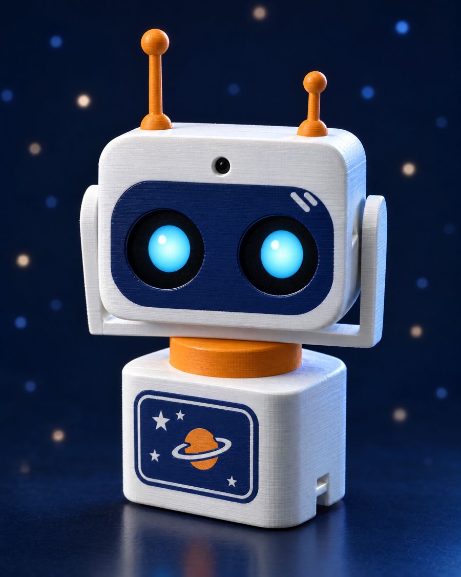 Robô Astro: astronauta branco com visor azul e antenas laranja