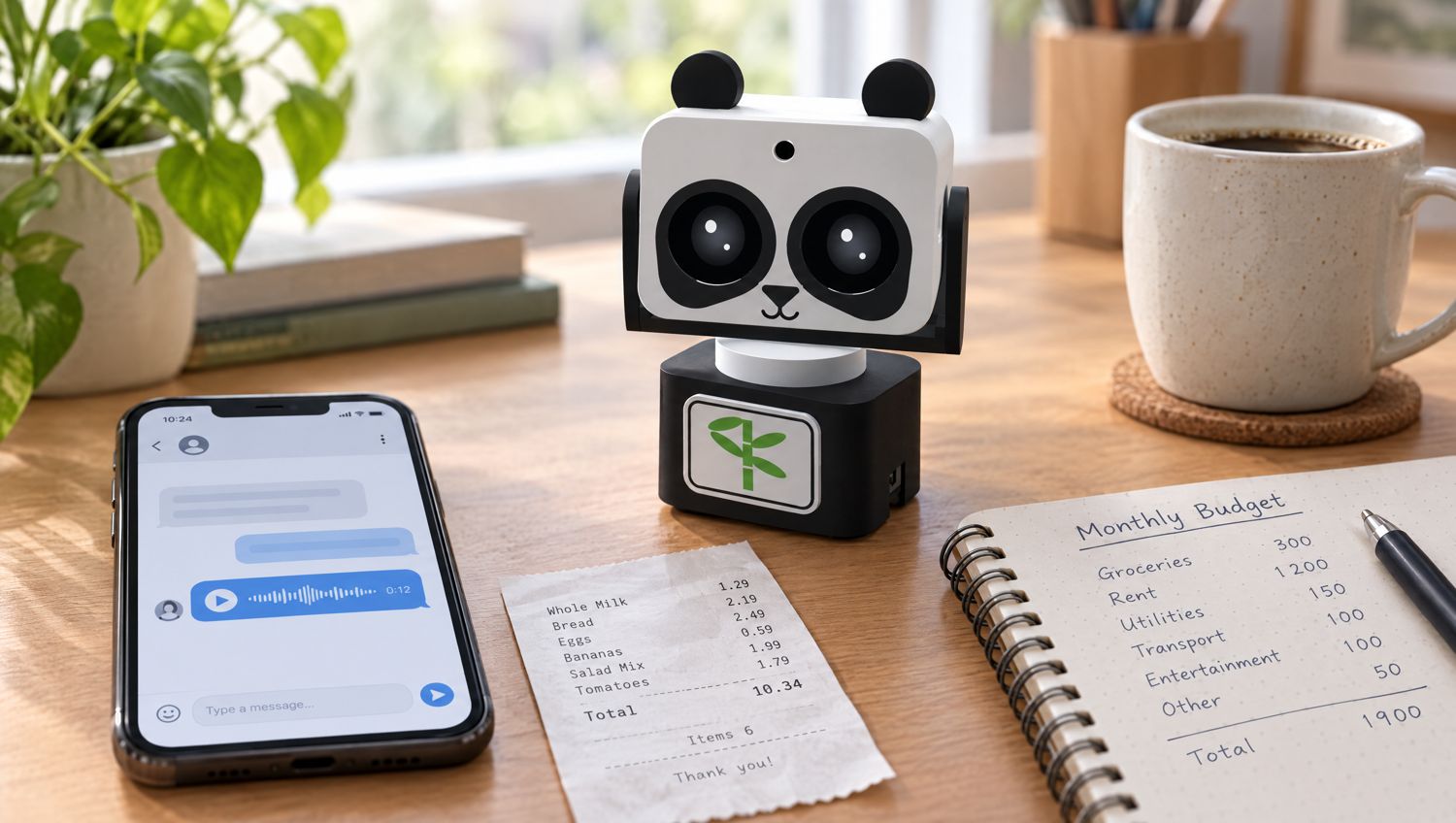 Robô Panda ao lado de um cupom fiscal e de um celular