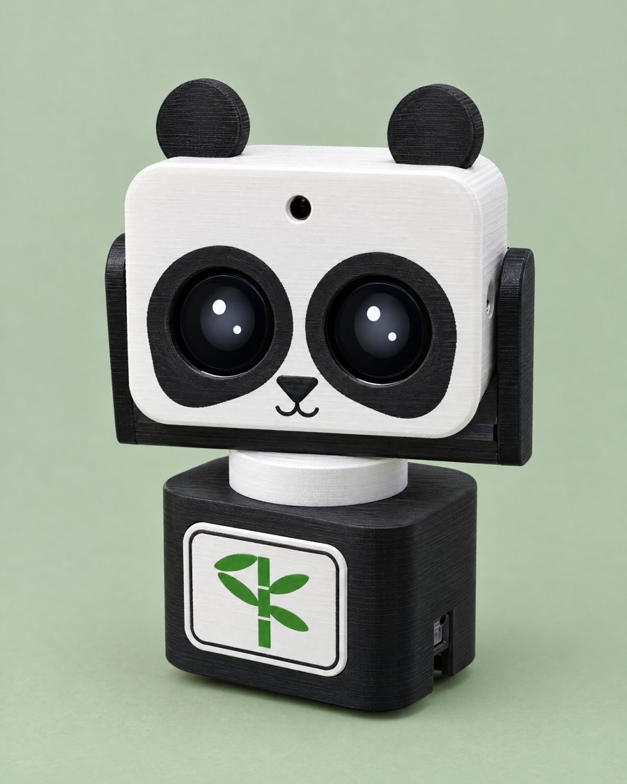 Robô Panda: cabeça branca, orelhas e manchas pretas